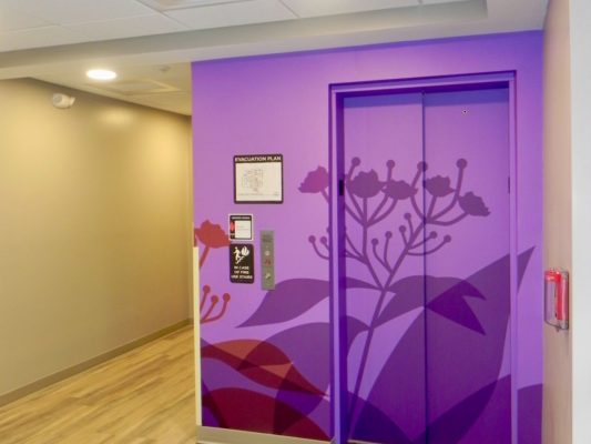 the elevator, painted purple and has the Laurel flower from our logo